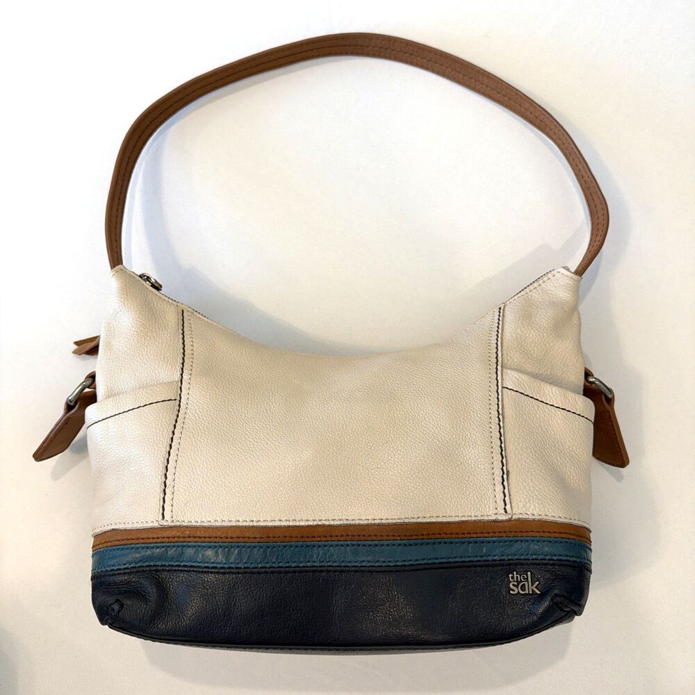 The Sak Cream, Navy & Teal Leather Shoulder Bag with Tan Strap